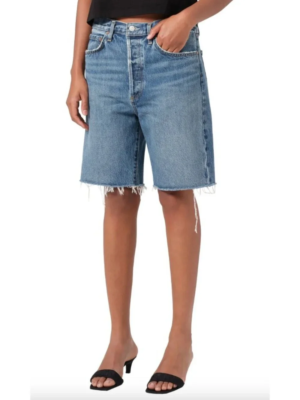 AGOLDE 90's Raw-Cut Edge Long Denim Shorts Size 26 Ruin Blue Bermuda